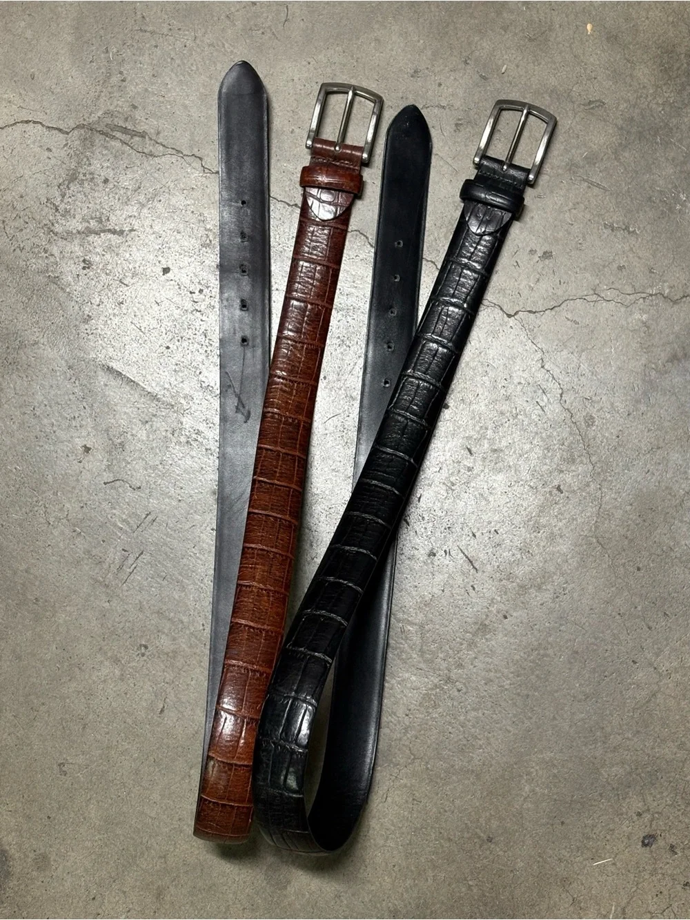 Canali Pair Black Brown Alligator Style Italian Leather Belts Size 34-36 Bundle